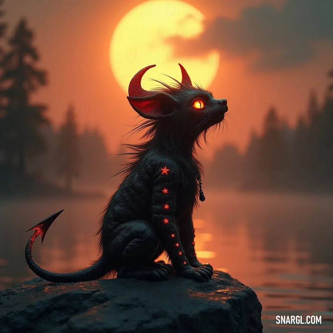 A regal black Zip on a rock by a tranquil lake illuminated by a full moon. A regal black Zip rests upon a rock overlooking a serene lake, the full moon casting a silvery glow, imbuing the scene with a tranquil yet mysterious ambiance.