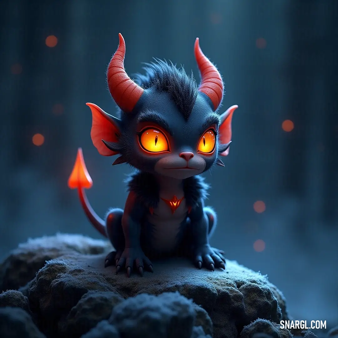 An ethereal Zip with glowing eyes on a rocky surface, framed by an enchanting dark atmosphere. An ethereal Zip with glowing eyes dominates a rocky terrain, exuding a mysterious aura with its demon-like face and horns, under the enchanting glow of darkness.