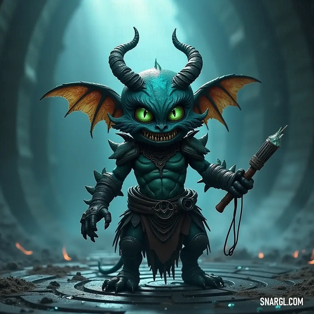 A fierce Zip with glowing green eyes and a sword standing in a dramatic tunnel with light shining through. A fierce Zip with a demonic visage and green eyes, wielding a sword as it stands confidently in a dimly lit tunnel where light breaks through, creating a dramatic contrast.