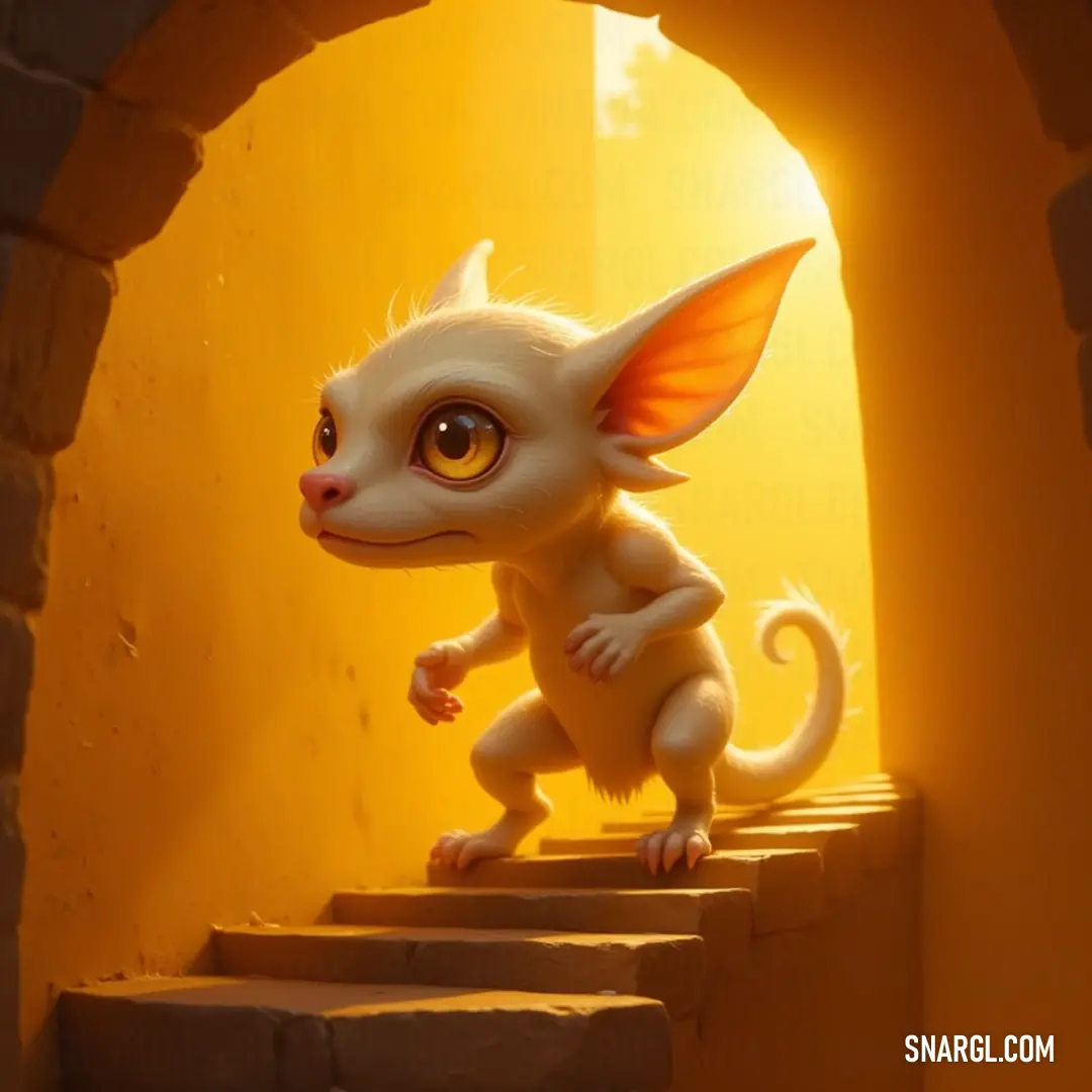 A tiny, radiant creature stands proudly on a staircase within an ancient tunnel, illuminated by a brilliant beam of light, as if waiting for its next great quest.