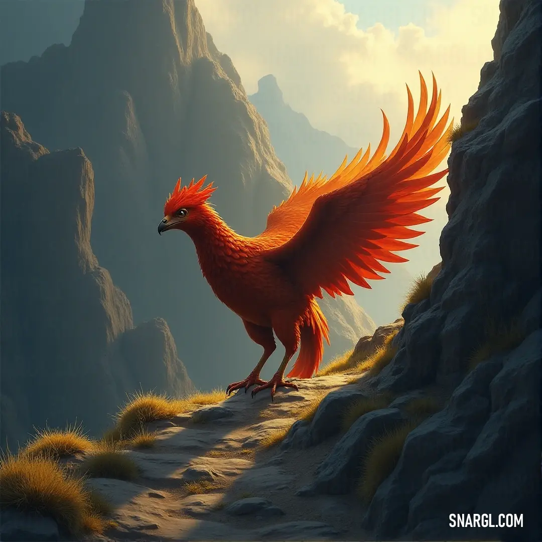 Red Ziz, with bold orange wings, stands on a rocky cliff, surveying the vast, mountainous terrain that stretches into the horizon. Red Ziz, with powerful orange wings, perches atop a rugged cliff. The mountain backdrop adds to the grandeur of the scene, as Ziz gazes out over the vast landscape, a symbol of strength and freedom.