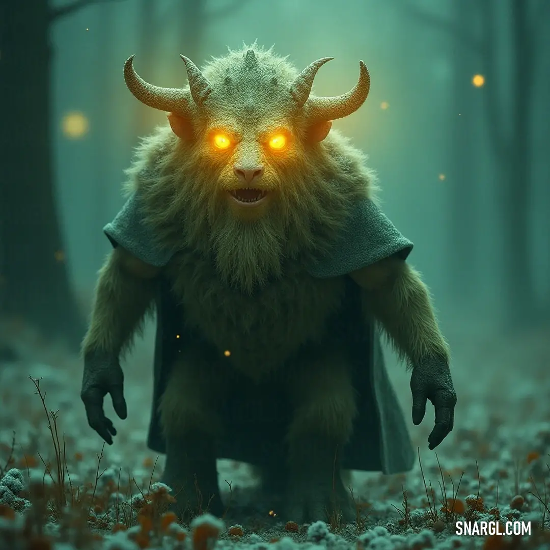 A horned wizard with glowing eyes in a mysterious forest, surrounded by fog and starlight. A horned wizard with glowing eyes gazes intently from a misty forest under a starry night sky. The shimmering fog dances around him, creating a hauntingly beautiful scene filled with mystique and cosmic energy.