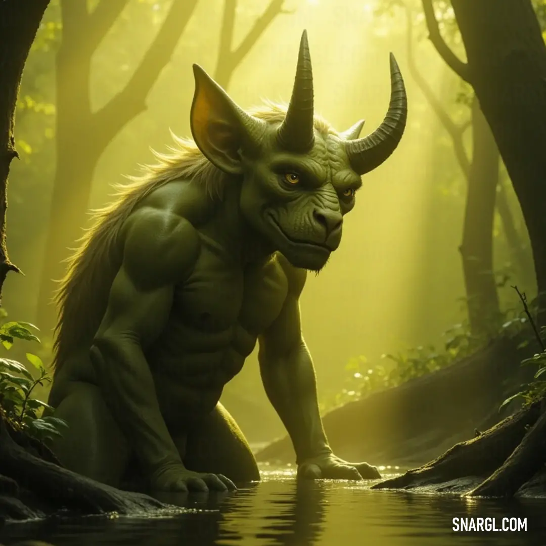 Zogg, the Horned Guardian, Posing by a Tranquil Waterbody Surrounded by Lush Forest Foliage, Bringing Peace to Nature. Zogg, adorned with striking horns, stands by a serene body of water nestled within a lush forest filled with trees and vibrant bushes. The gentle reflections glimmer, mirroring the natural beauty surrounding him.