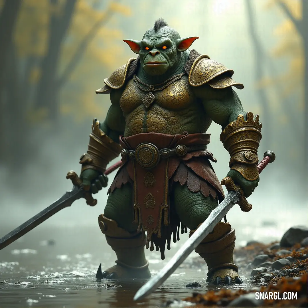 A Zogg action figure, armored and armed with a sword, stands in a swampy area surrounded by trees and rocks, evoking a sense of adventure and battle. A Zogg action figure stands proudly in a swampy terrain, decked out in sword and armor. Surrounded by trees and rocks, it captures the essence of adventure, as if preparing for a journey into the unknown.