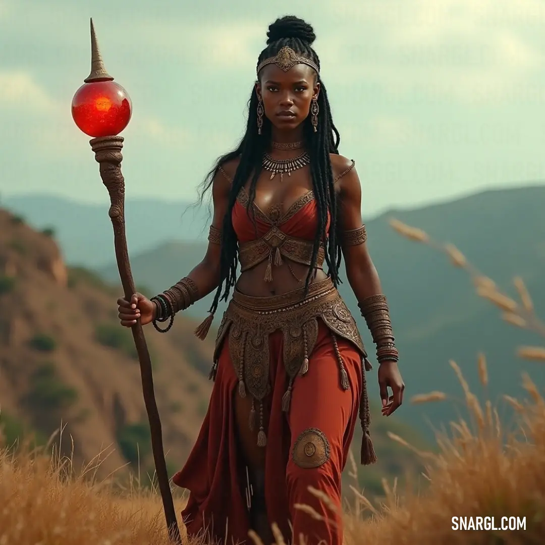 A woman in a red outfit, holding a staff and a red ball, stands tall amidst the tall grass of a lush field. A woman dressed in a vibrant red outfit stands confidently in a field of tall grass, holding a staff and a glowing red ball. The surrounding nature complements her bold appearance and powerful stance.