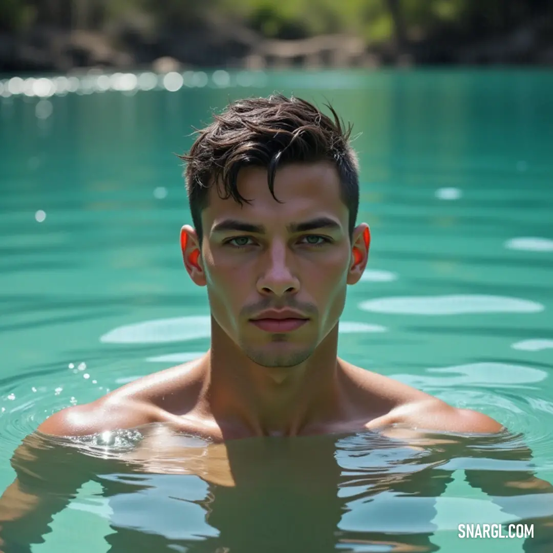 A vibrant figure emerges from the serene waters of a lake, embodying life and harmony within a lush green landscape. A vibrant figure emerges from the tranquil waters of a serene lake, surrounded by a lush green landscape that reflects the rhythms of nature, embodying vitality and connection with the earth beneath the comfort of his aquatic sanctuary.