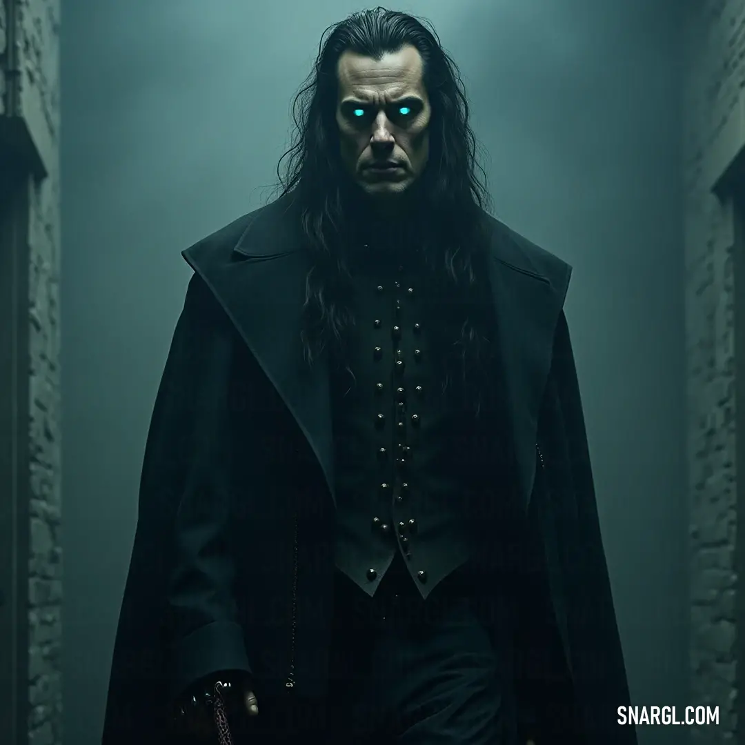 A brooding figure with flowing hair and a sleek black coat looms in a dimly lit hallway, the eerie green light casting shadows that hint at untold stories.