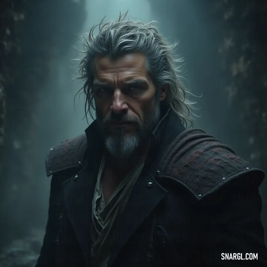 Zoltan Chivay, with his long white hair and beard, draped in a striking black coat and hood, embodies strength and wisdom, suggesting a rich tapestry of adventures untold. With long white hair and a dignified beard, Zoltan Chivay emerges in a striking black coat and matching hooded jacket, his imposing figure exuding a sense of resilience and wisdom. The attire mirrors the dark ambiance, suggesting tales of adventure and th