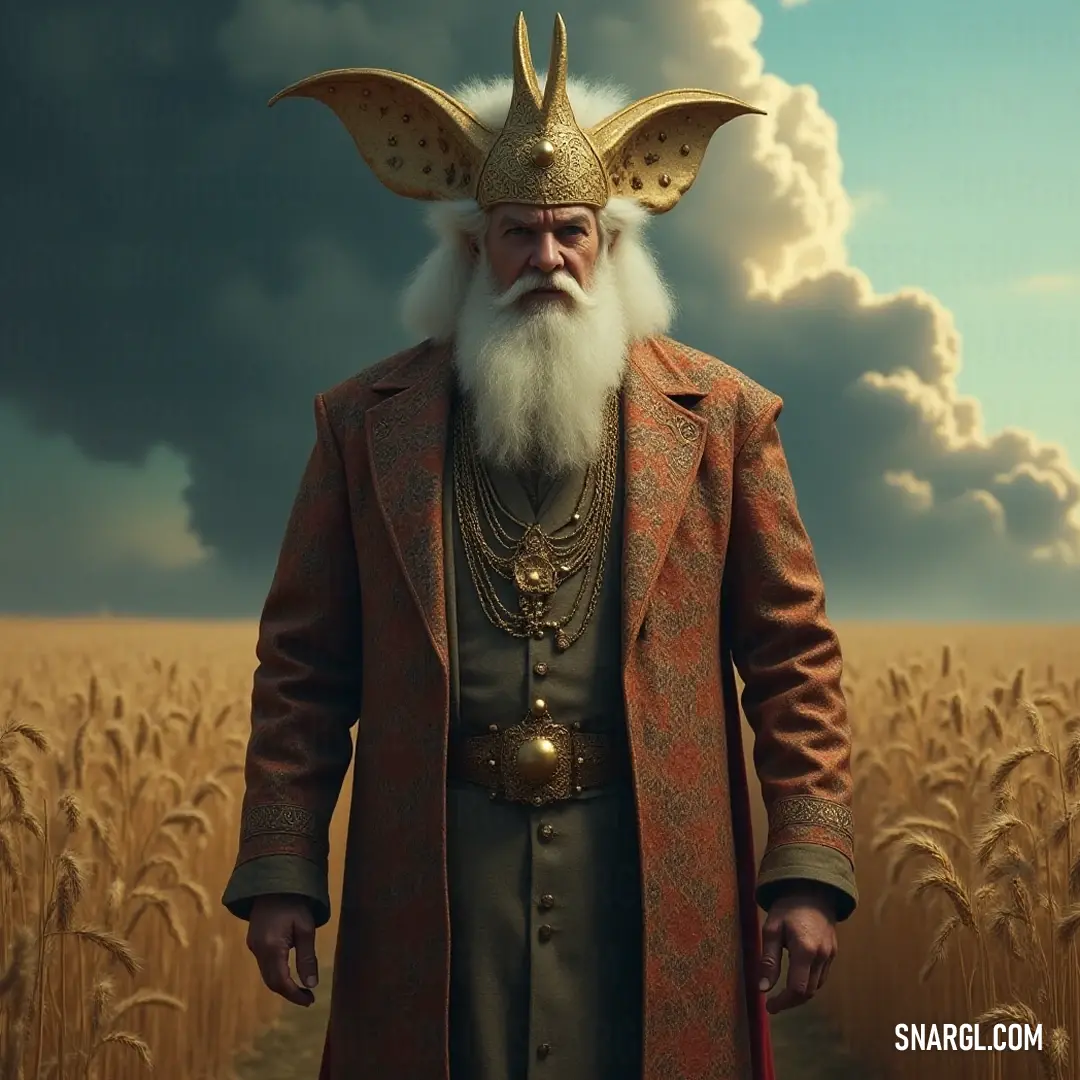 A striking image of Zoltar in a golden helmet against a backdrop of gently swaying wheat, embodying the essence of a traveler caught between realms of adventure and nature's tranquility. Zoltar stands regal in a golden helmet, surrounded by golden waves of wheat. The clouds above cast a dynamic backdrop, enhancing the scene's ethereal beauty and invoking the spirit of adventure and timeless traditions.
