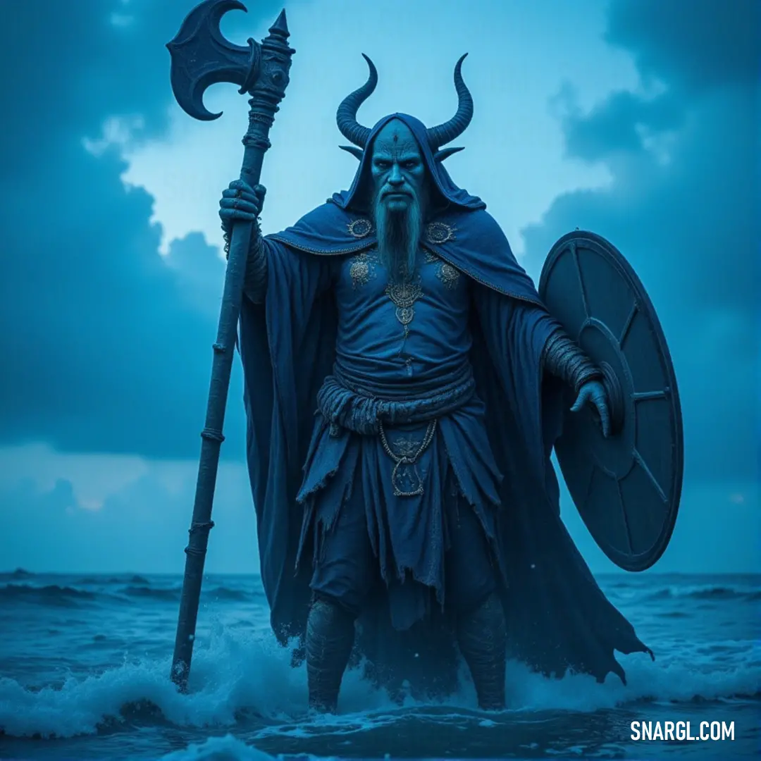 In the vast expanse of water, Zoltar stands tall in his blue attire, wielding a mighty spear and shield, with the open sky above creating a sense of endless possibilities. Zoltar, dressed in a vibrant blue costume, stands in a body of water, holding a massive spear and shield. The expansive sky stretches above him, adding a sense of majesty to his formidable presence as he gazes into the horizon.
