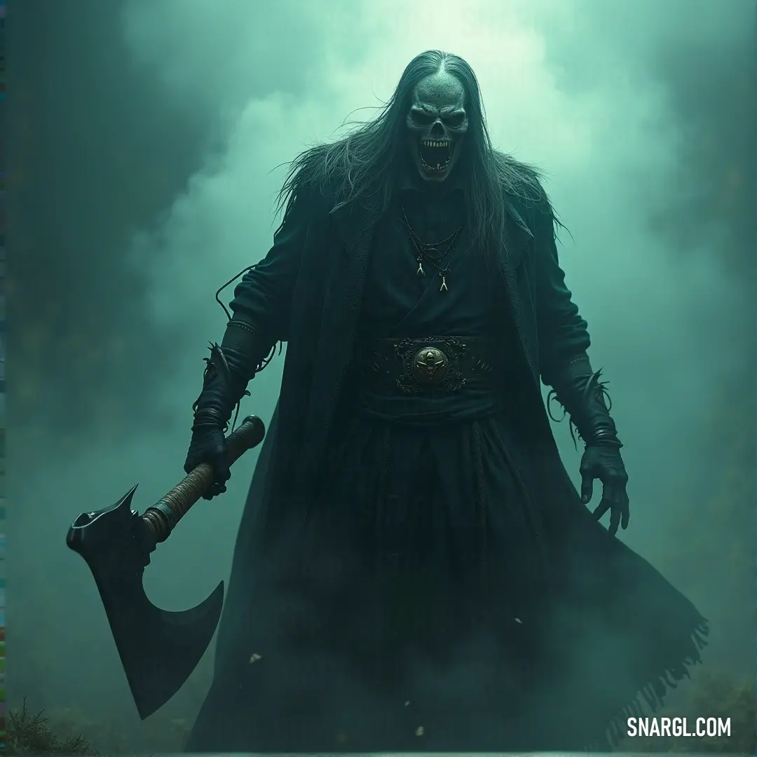 A Zombie Lord with long hair and beard stands holding a massive axe, his dark coat flowing as he exudes an aura of power and menace beneath the moonlit sky. A Zombie Lord, his long black hair and beard flowing, grips a massive axe with both hands. His dark coat billows in the wind as he stands tall, his undead form exuding power and menace in the moonlit night.