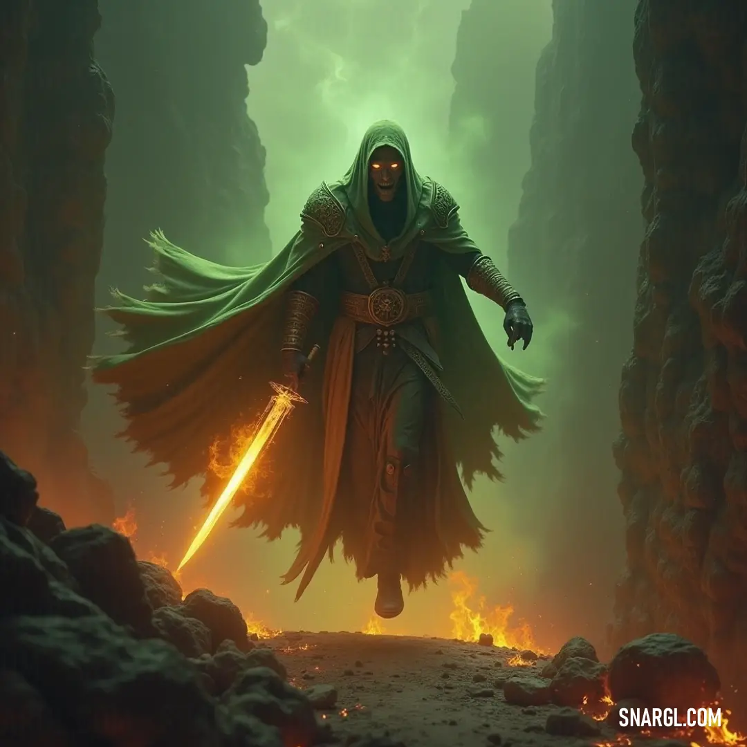 A Zombie Sorcerer in a green robe brandishes a sword in a cave filled with lava and rocks, standing firm against the fiery chaos around him. A Zombie Sorcerer, clad in a green robe, stands in a dark, volcanic cave. Holding a sword, he surveys the fiery landscape of lava and jagged rocks, ready for battle in this eerie, otherworldly environment.