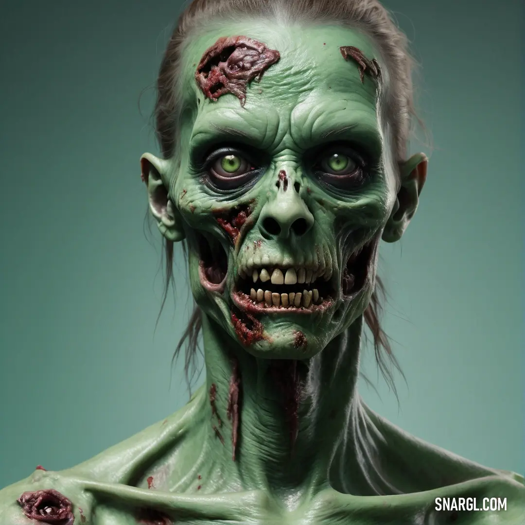 Creepy zombie with green paint and blood on his face and chest,