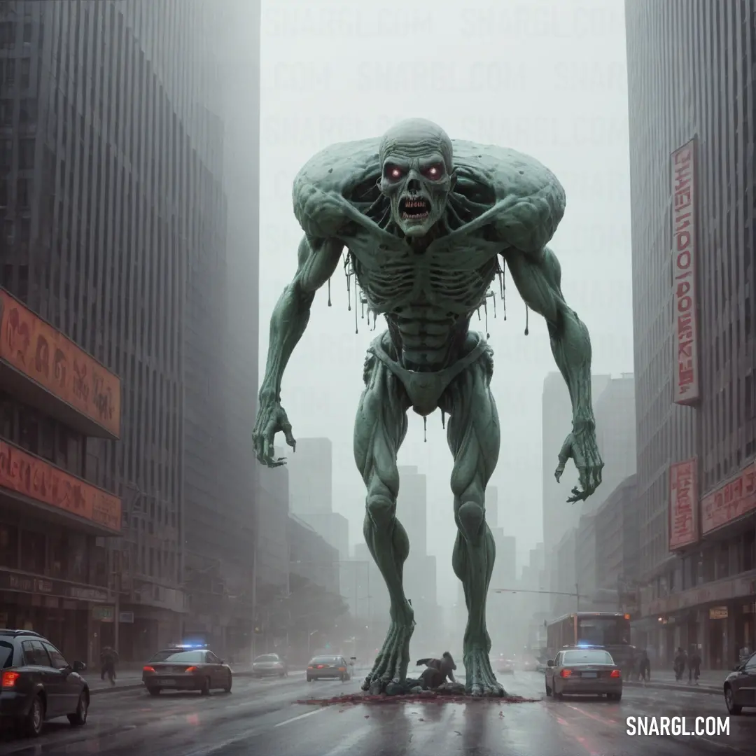 Giant Zombie standing in the middle of a city street with a car in the background