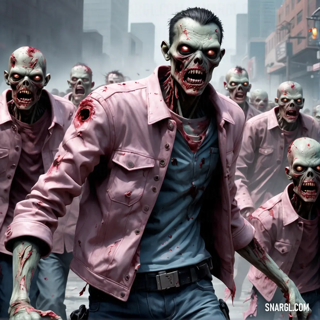 Group of zombies walking down a street in a zombie city with blood all over their bodies and hands