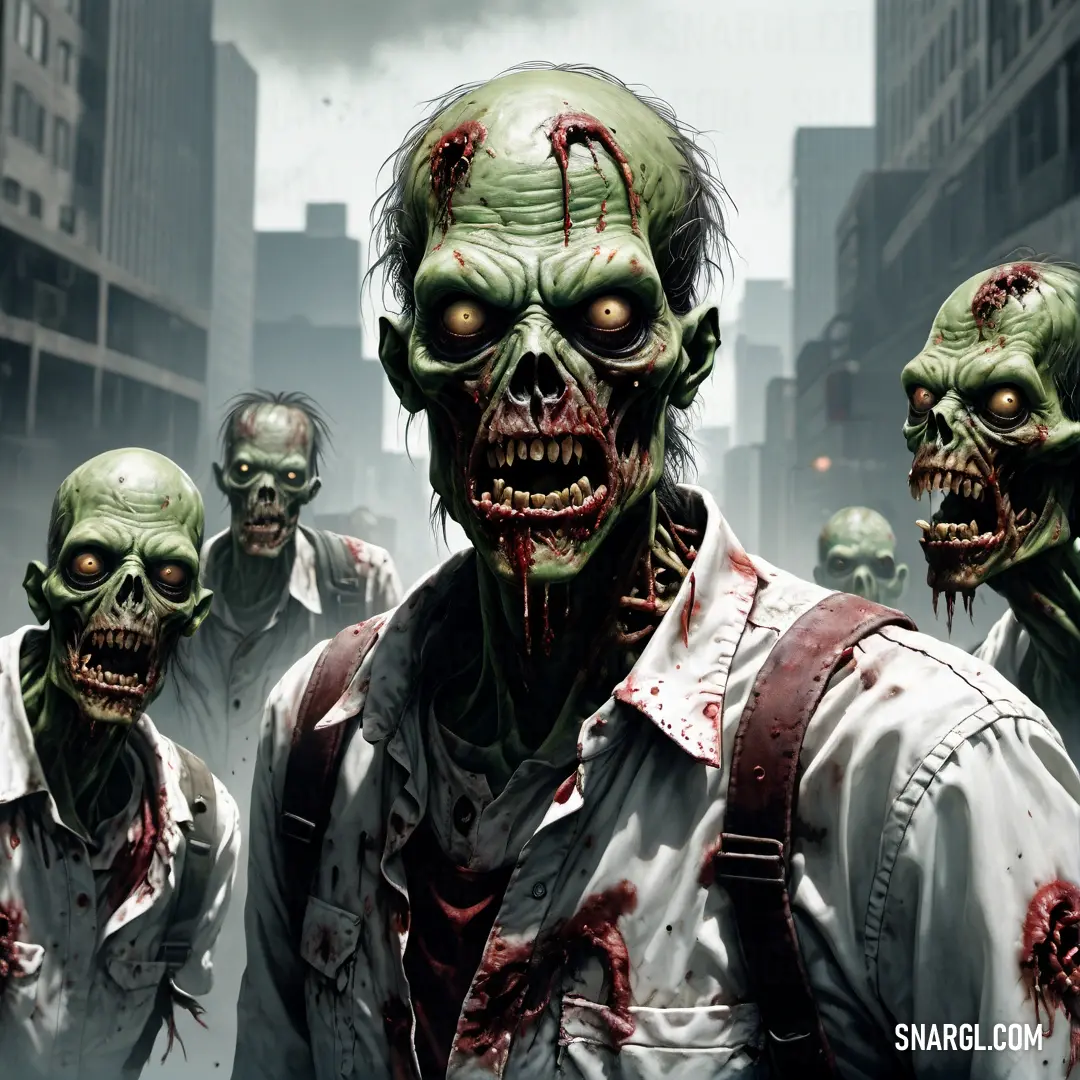 Group of zombies walking through a city street in a zombie - like scene with buildings in the background
