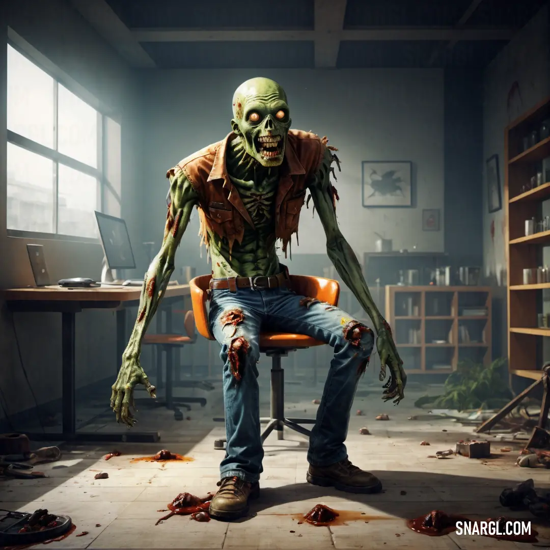 Zombie in a chair with a creepy face on his face and hands on his knees