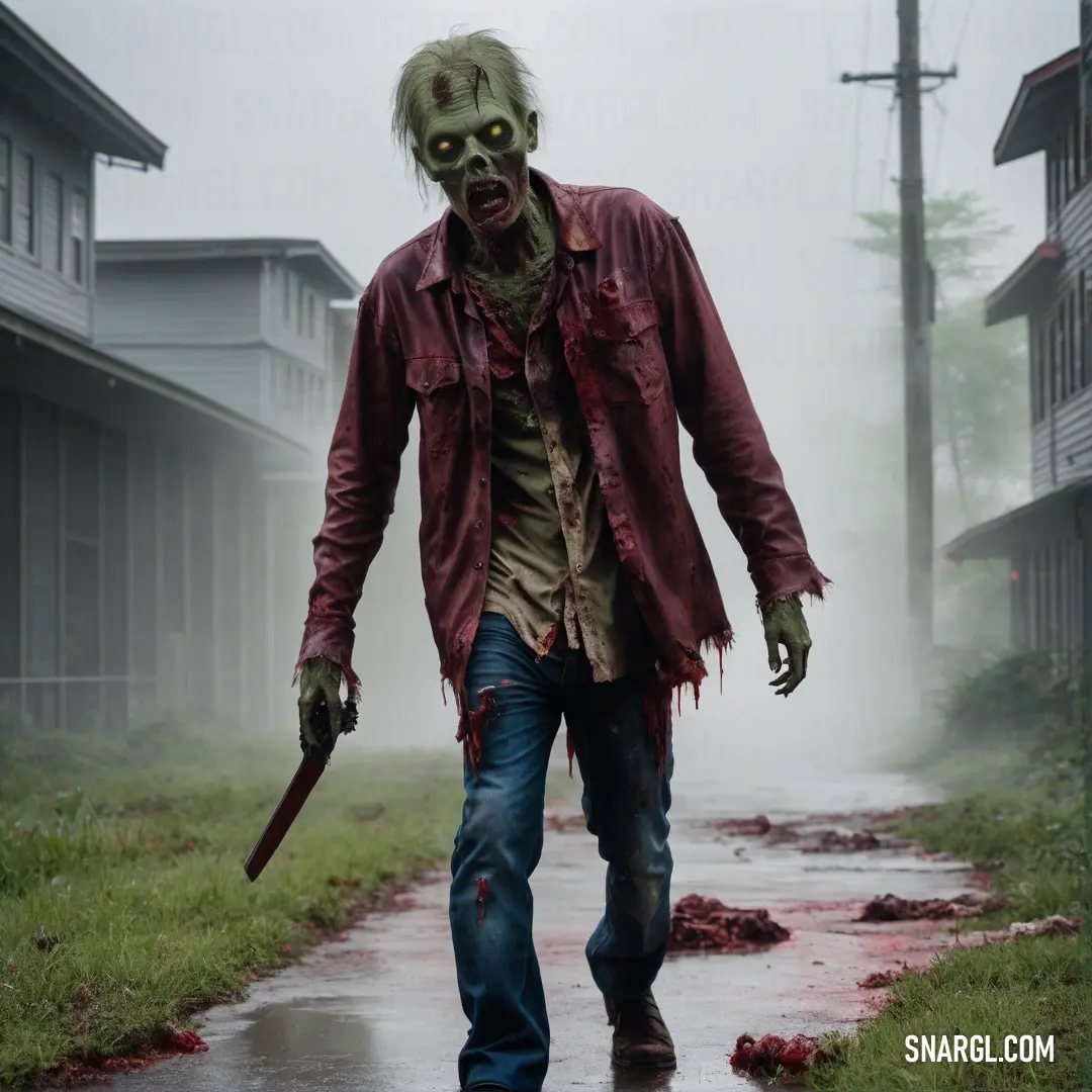 Zombie in a zombie costume walking down a street with a bloody handbag on his hip