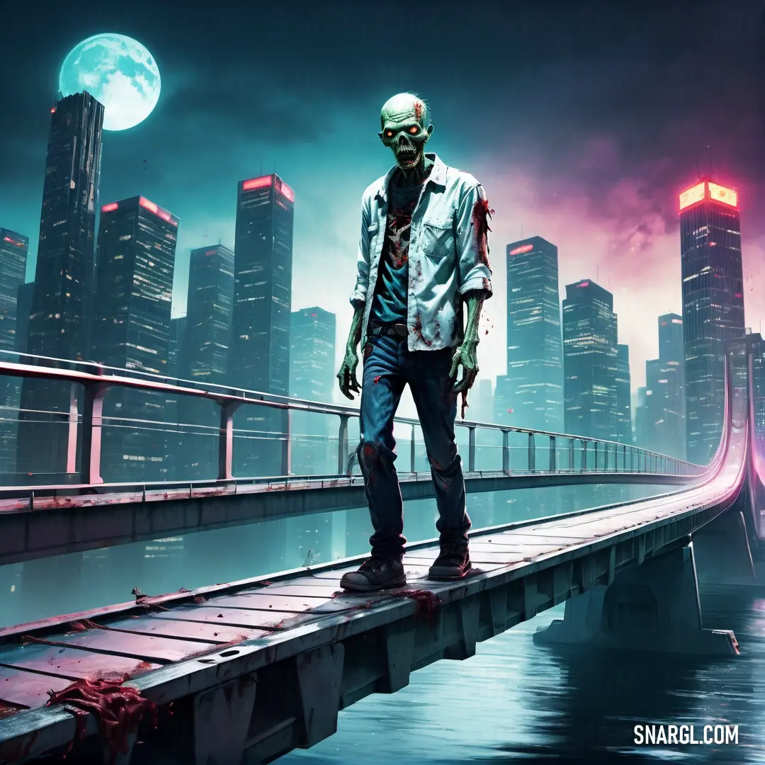 Zombie standing on a bridge with a city in the background