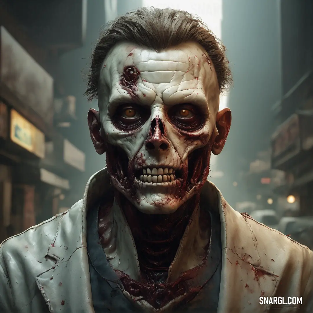 Zombie with a bloody face and a white coat on in a dark city street with a clock tower in the background