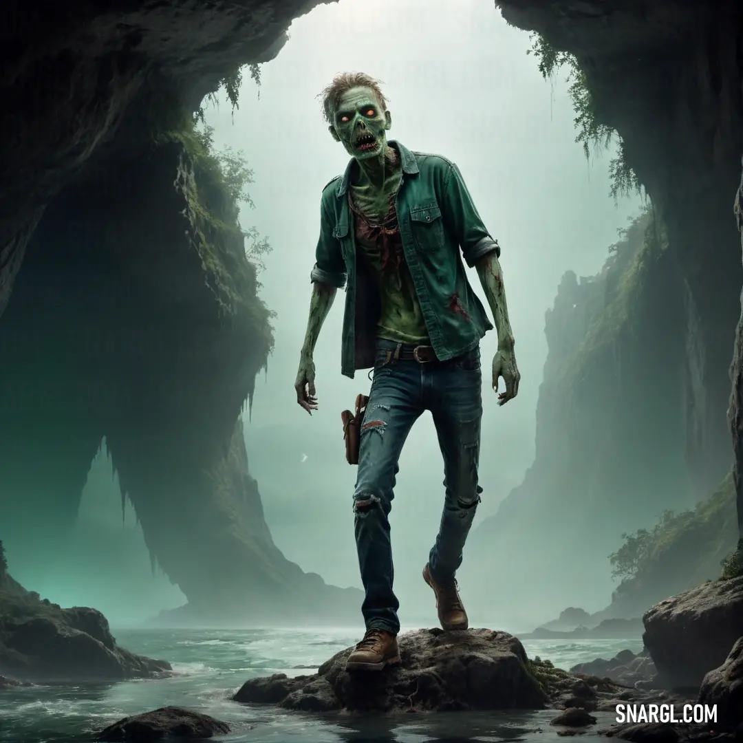 Zombie with a bloody face standing in a cave with a gun in his hand