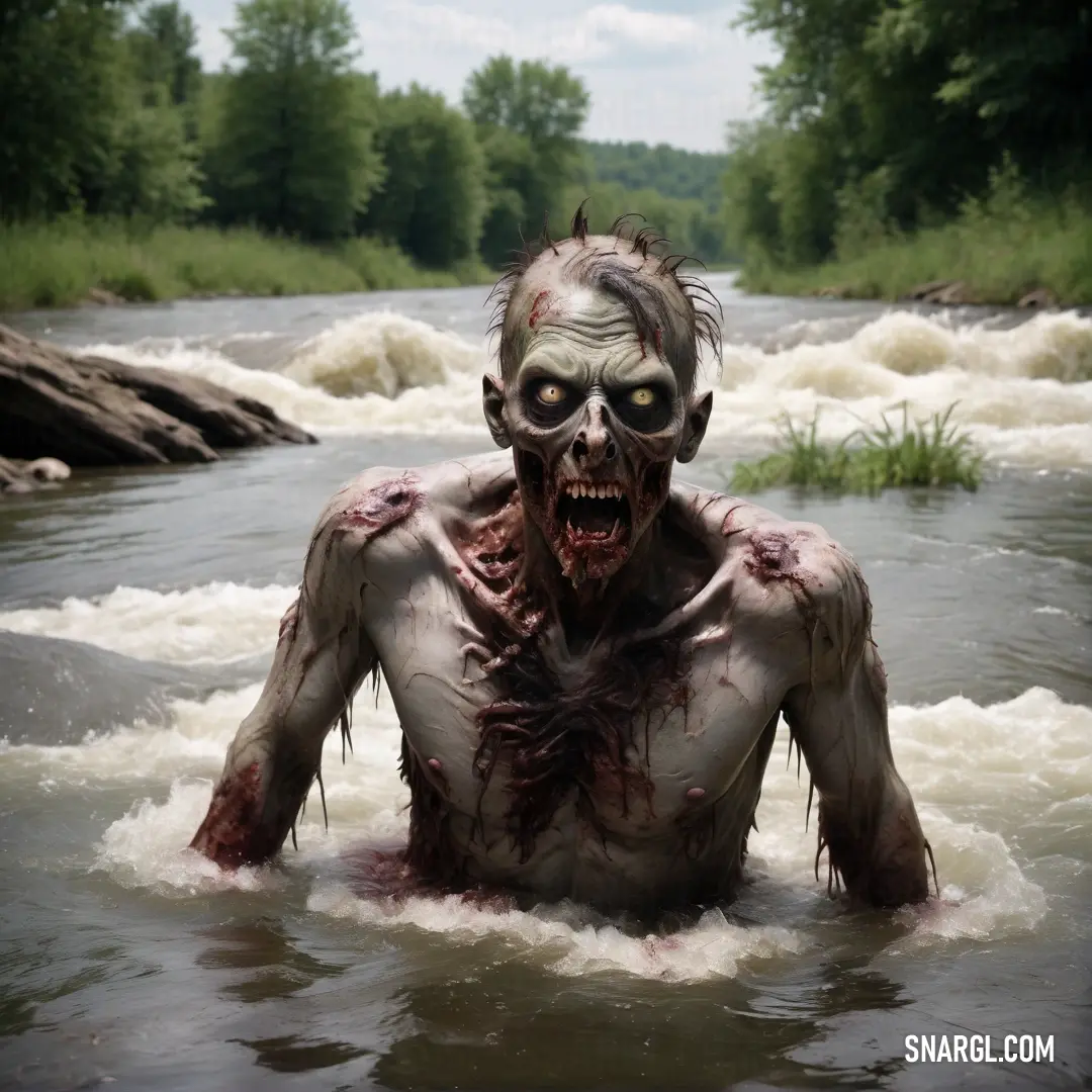 Zombie with a bloody face and hair in a river with trees in the background