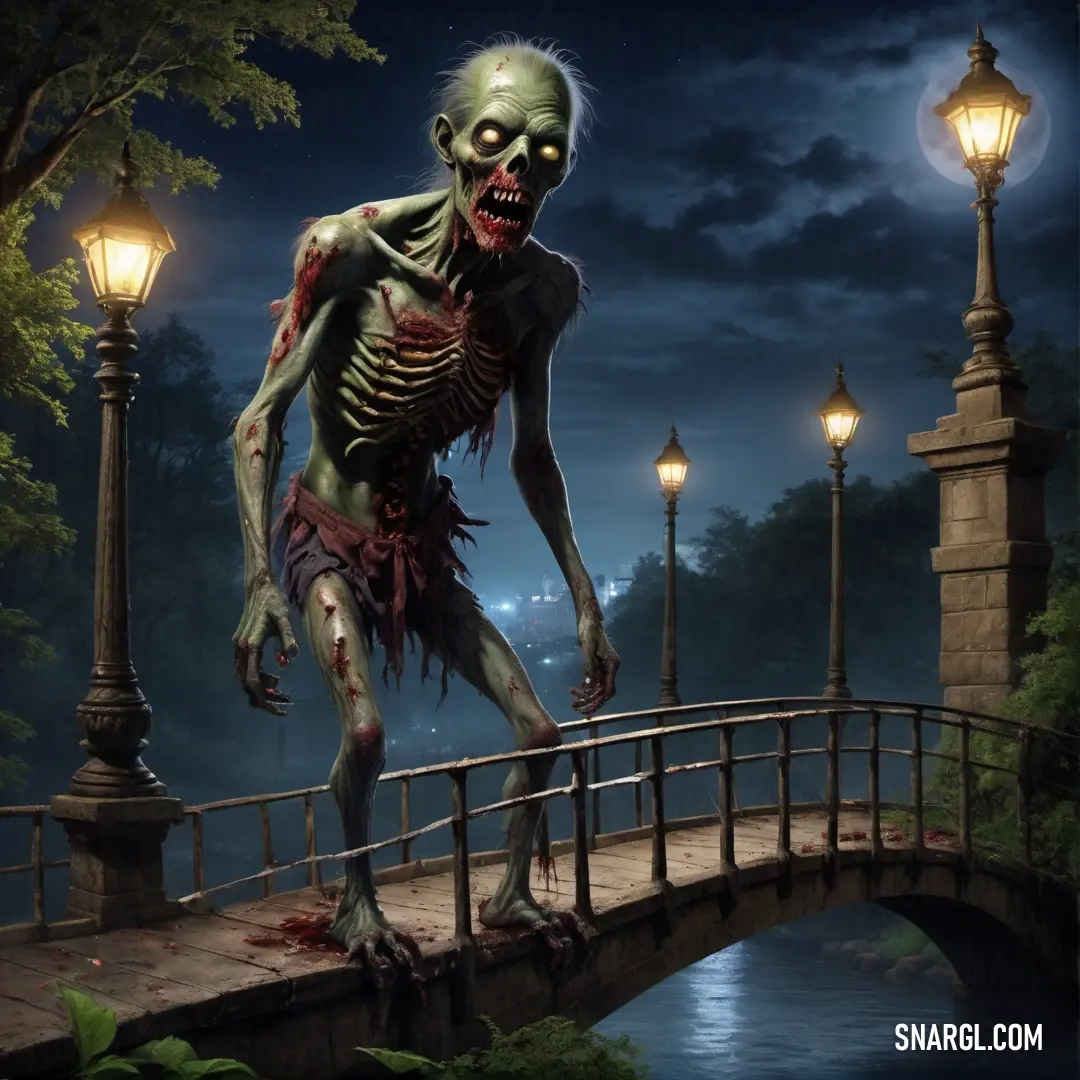 Zombie walking across a bridge over a river at night with a lantern on the side of it