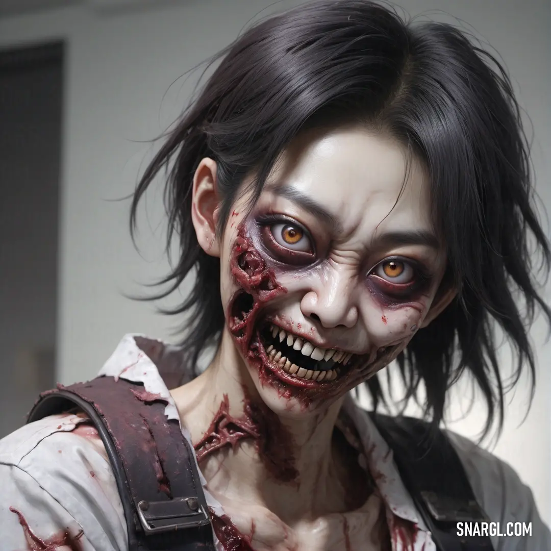 Zombie with a bloody face and a knife in her hand