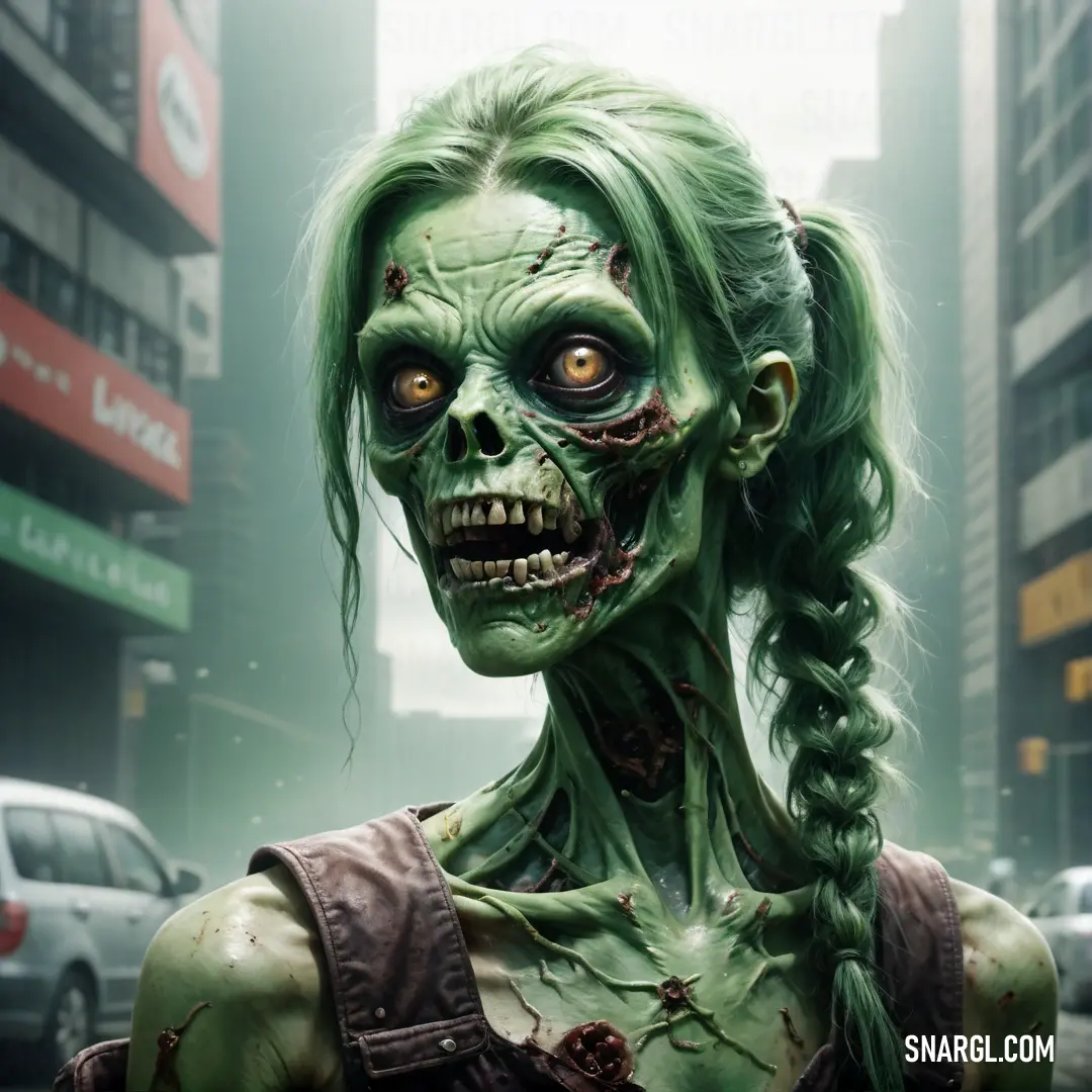 Zombie with green hair and makeup is dressed as a zombie in a city street with cars and buildings