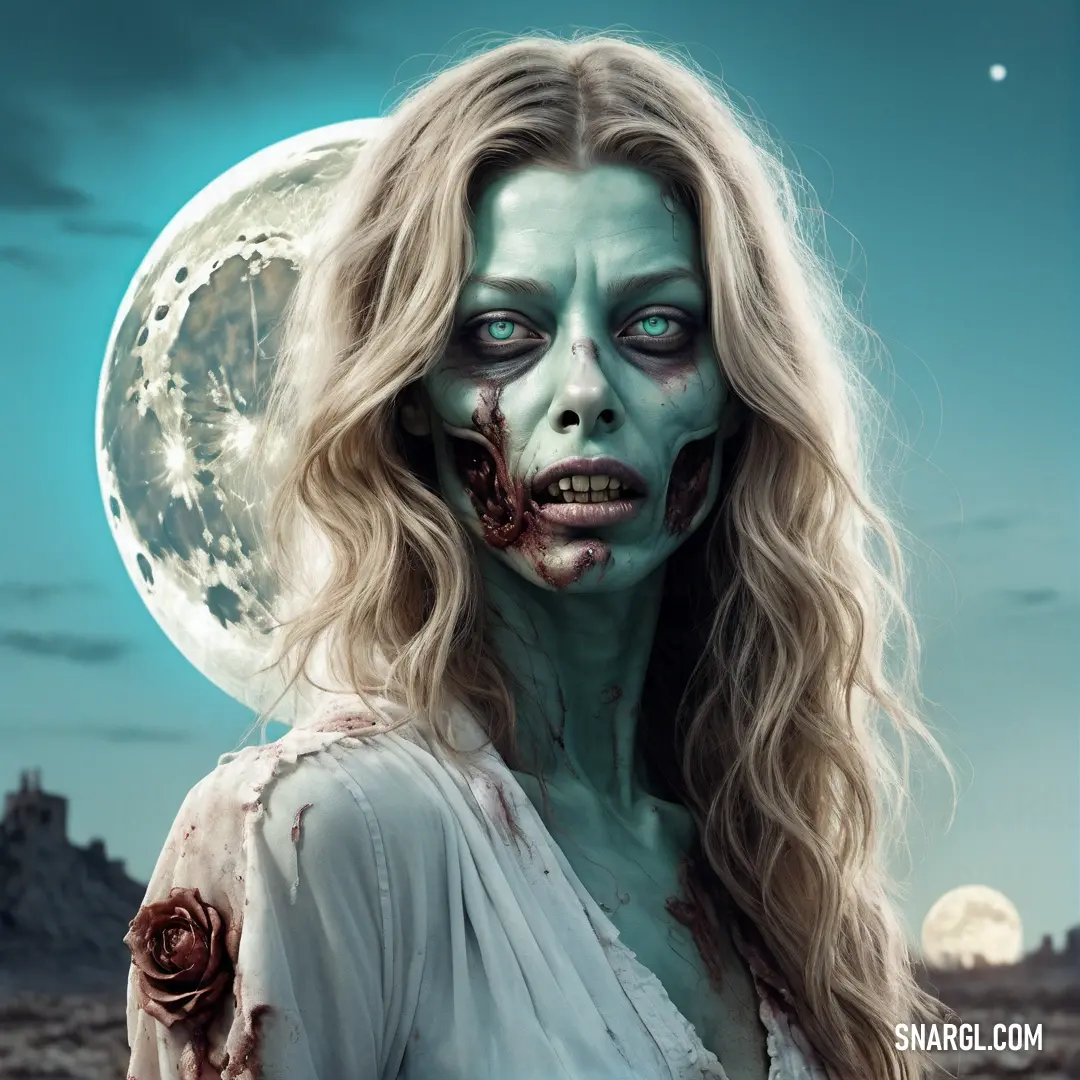Zombie with makeup and makeup on her face and a full moon behind her head