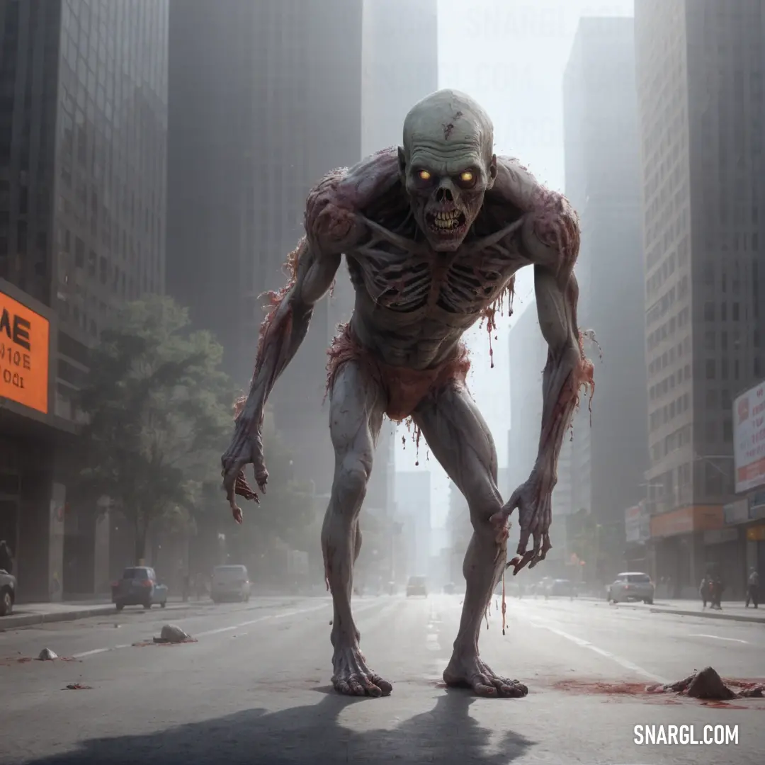 Zombie Zombie standing in the middle of a street in a city with tall buildings in the background