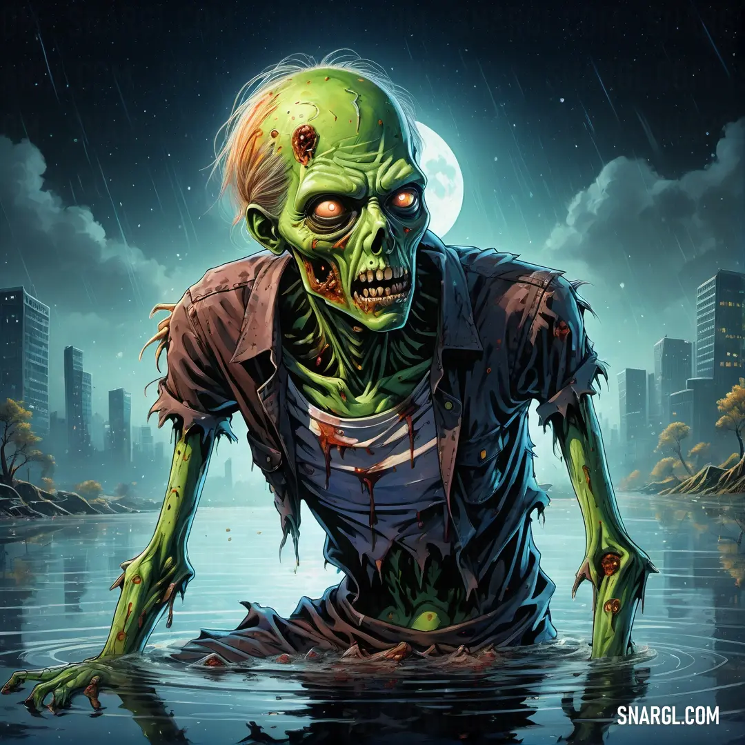 Zombie in a city with a full moon in the background