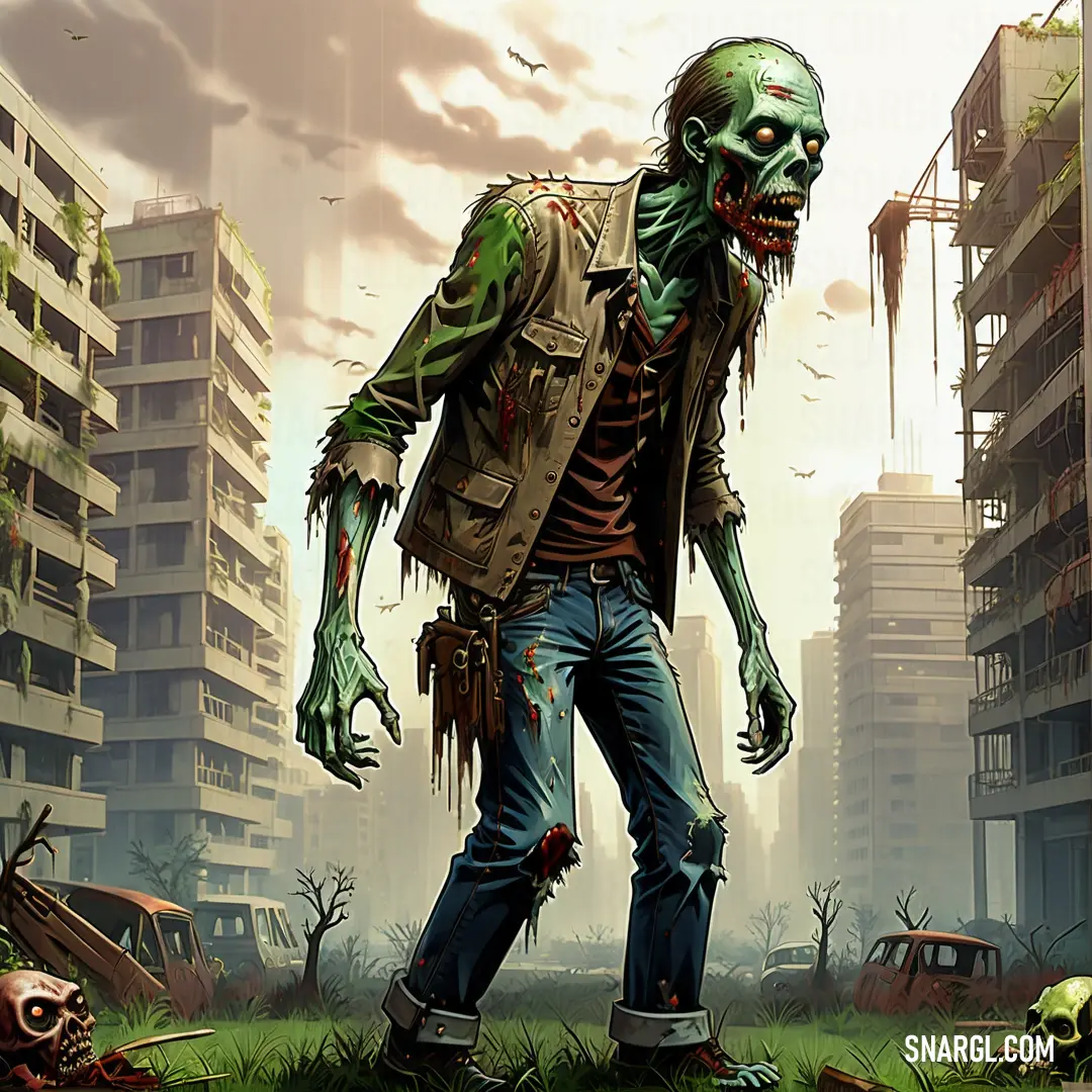 Zombie in a city with a zombie head on his head