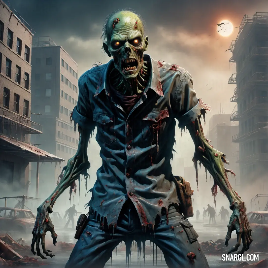 Zombie in a city with a clock in the background