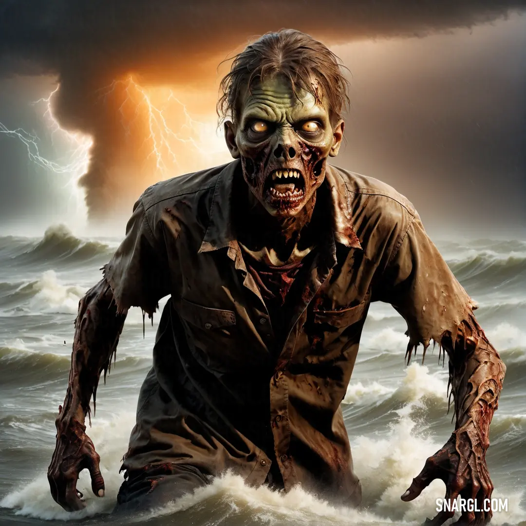 Zombie in the water with a lightning in the background