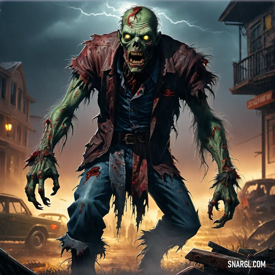 Zombie is walking through a city street in a zombie - like environment with a car in the background