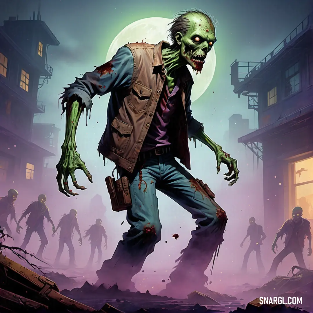 Zombie is walking through a city at night with a full moon in the background