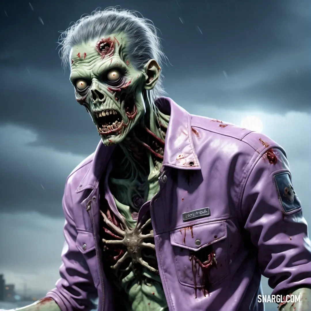 Zombie male Zombie in a purple jacket with a bloody face and hands on his chest