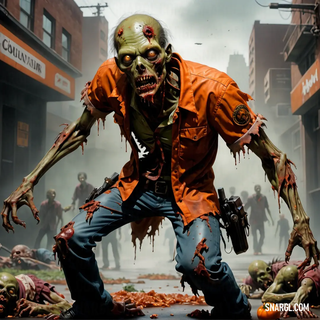 Zombie male Zombie in an orange shirt and jeans with a knife in his hand and a bunch of zombies around him