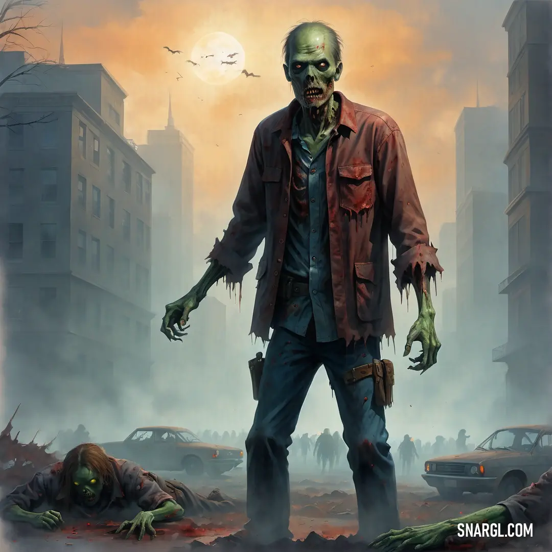 Zombie male Zombie standing in a city street with a zombie hand on his hip