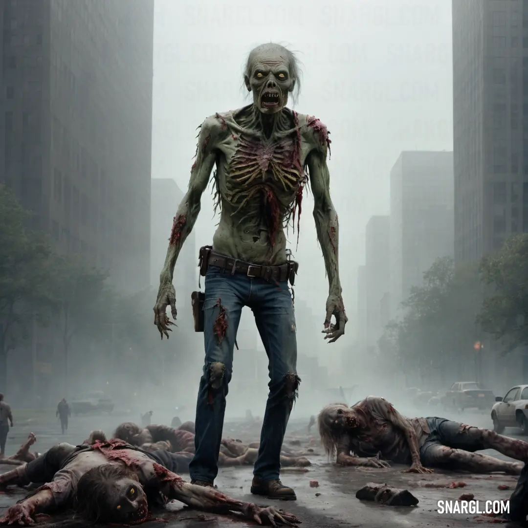 Zombie standing in a city street with a bunch of dead bodies on the ground and people in the background