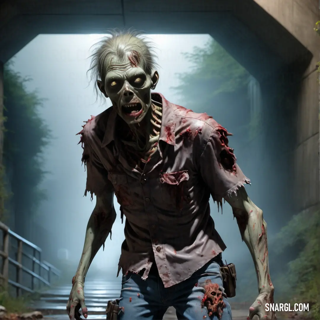 Zombie male Zombie walking down a road in a tunnel with a bloody face and bloody hands on his face