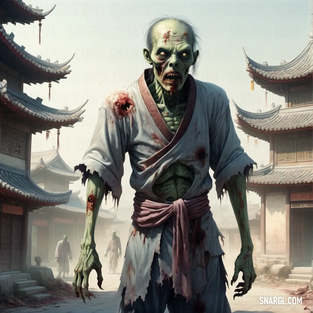 Zombie male Zombie with a bloody face and a robe on walking through a chinese village with pagodas in the background