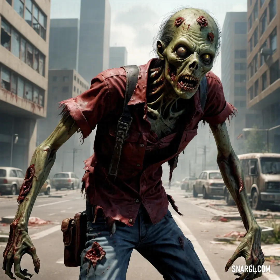Zombie male Zombie with a gun in a city street with buildings and cars in the background