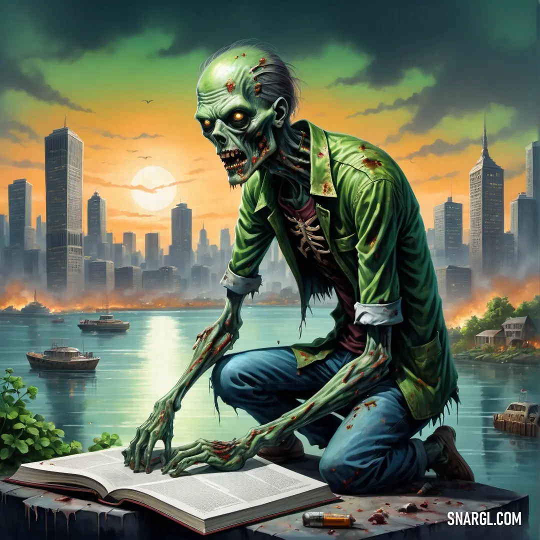 Zombie reading a book on a dock in front of a city skyline with a boat in the water
