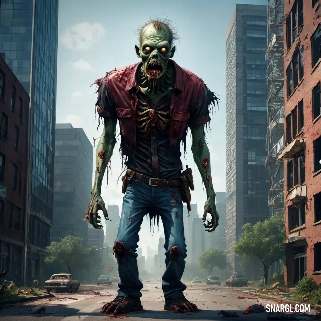 Zombie standing in a city street with a knife in his hand and blood on his face and hands