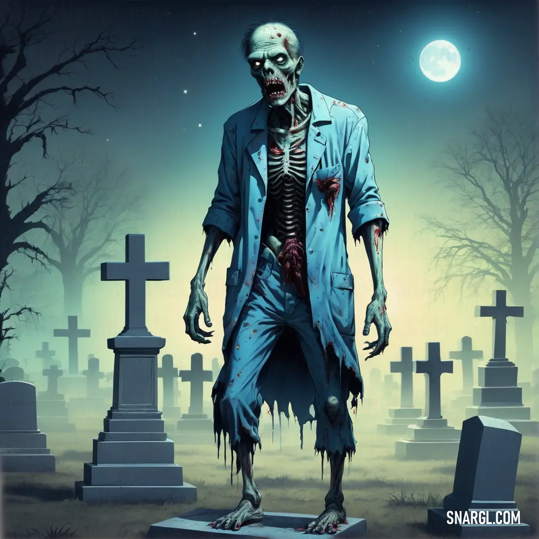 Zombie standing in a graveyard with a full moon in the background