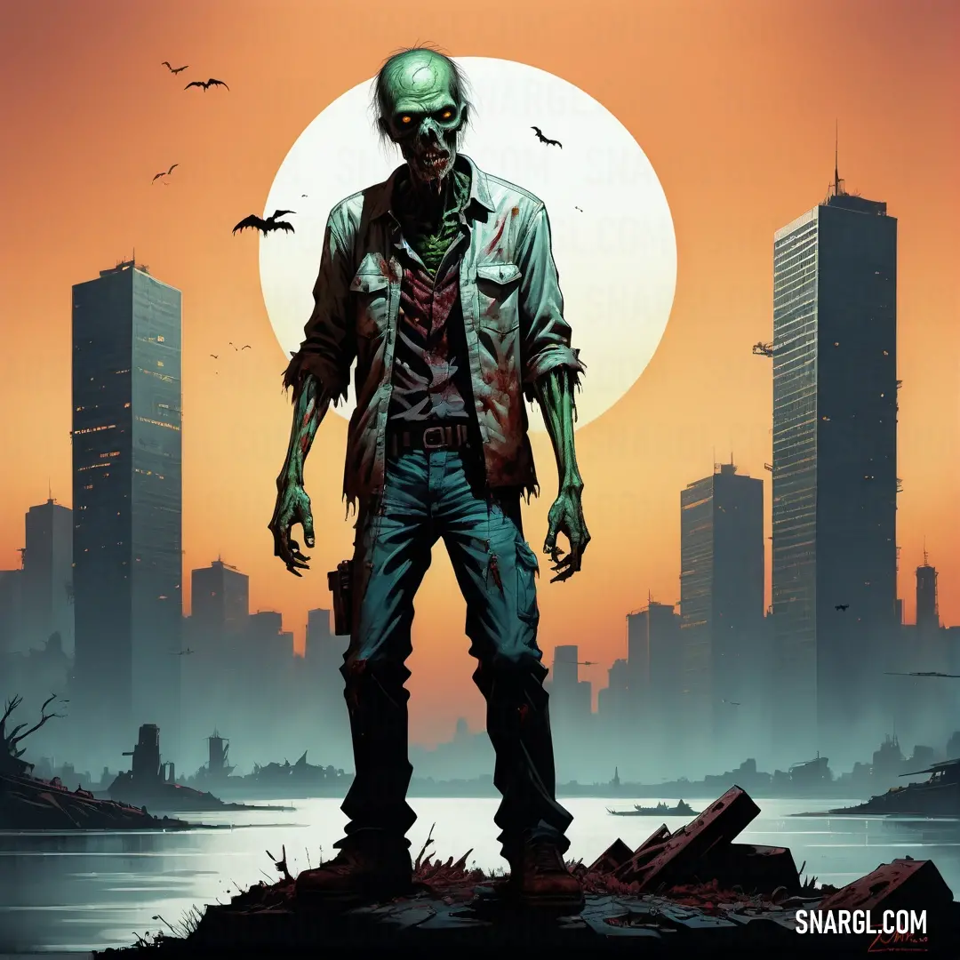 Zombie standing in front of a city skyline with a full moon in the background