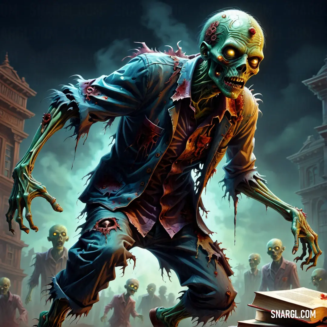 Zombie with a book in his hand and a zombie on his back, in front of a city