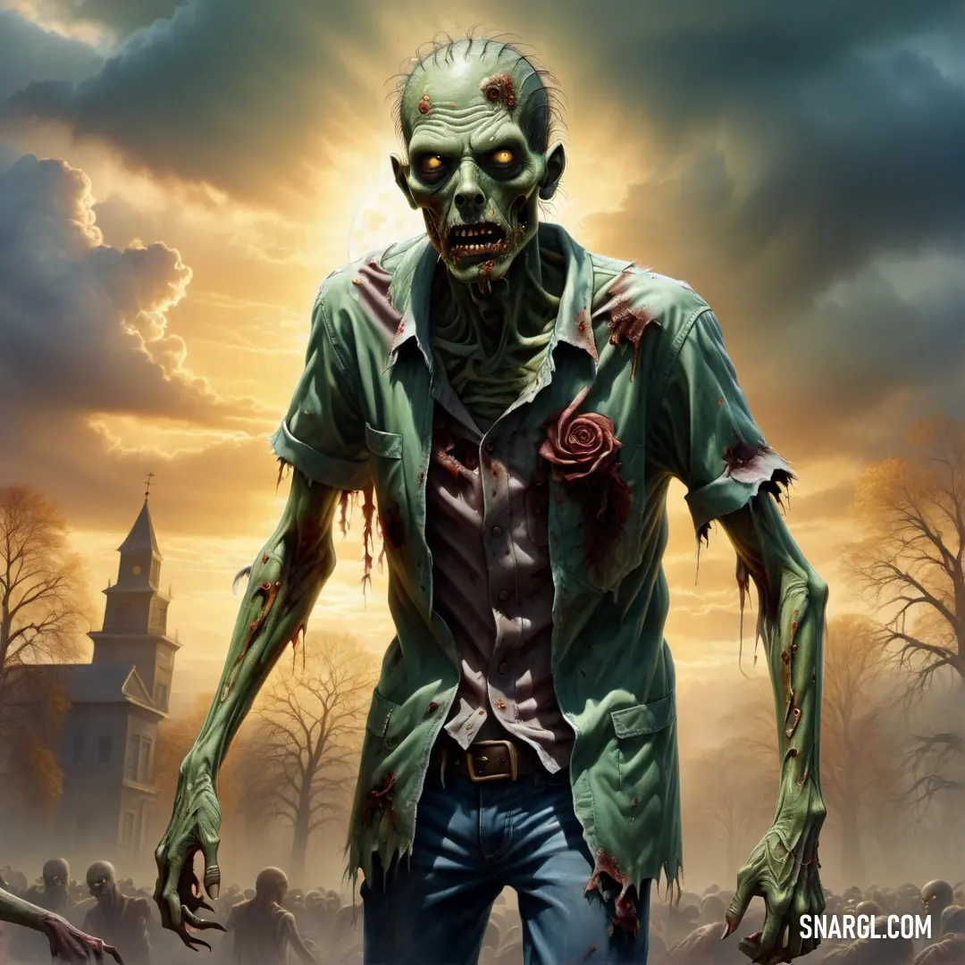 Zombie with a rose in his hand standing in front of a graveyard with a cemetery in the background